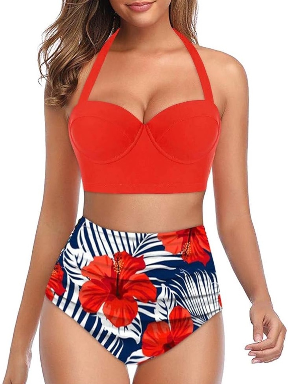 Red Halter Bikini Top with Tropical Print Bottoms XL top 3 X bottoms NWOT